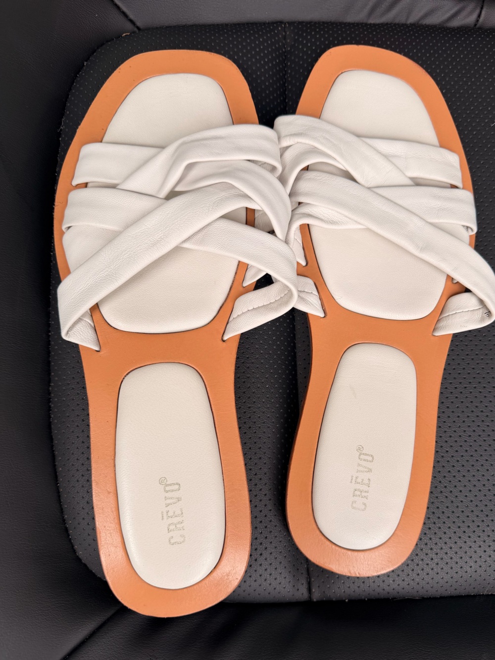 Crevo White Twist-Knot Slide Sandals with Tan Accent